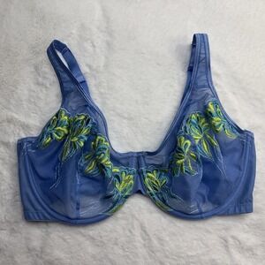 Cacique Bra 40DD Blue Lace Underwire Full Coverage Floral Embroidered Sheer‎